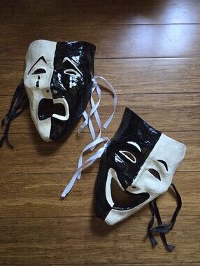 Handmade Comedy Tragedy Theatre Masks Black White Paper Mache Wall Decor Theater